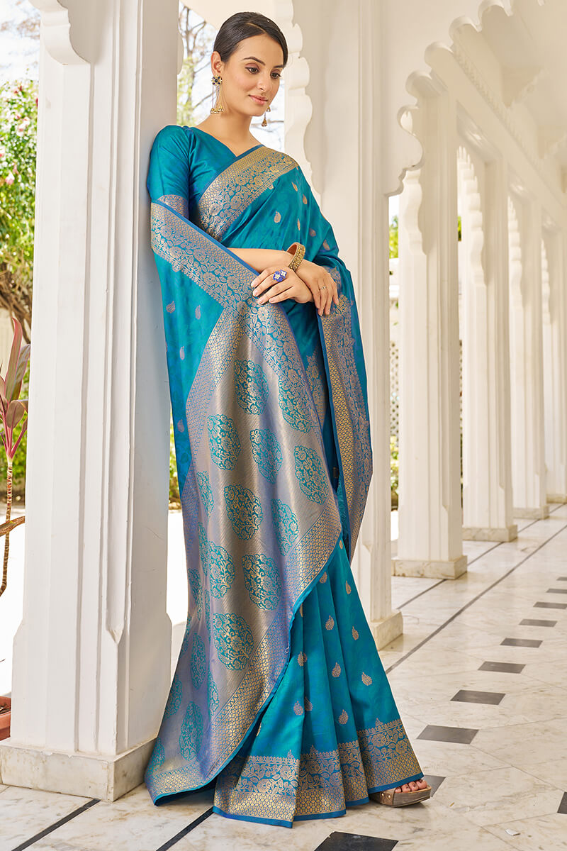 Elision Firozi Kanjivaram Silk Saree With Beleaguer Blouse Piece