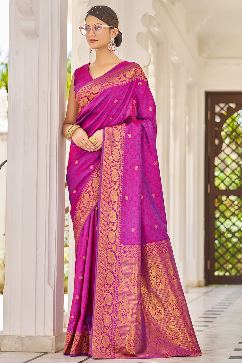 Efflorescence Purple Kanjivaram Silk Saree With Ailurophile Blouse Piece