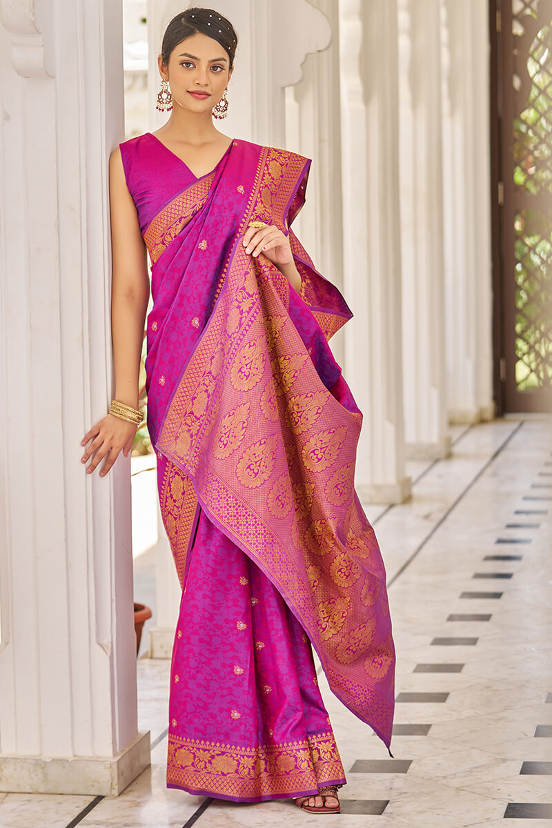 Efflorescence Purple Kanjivaram Silk Saree With Ailurophile Blouse Piece