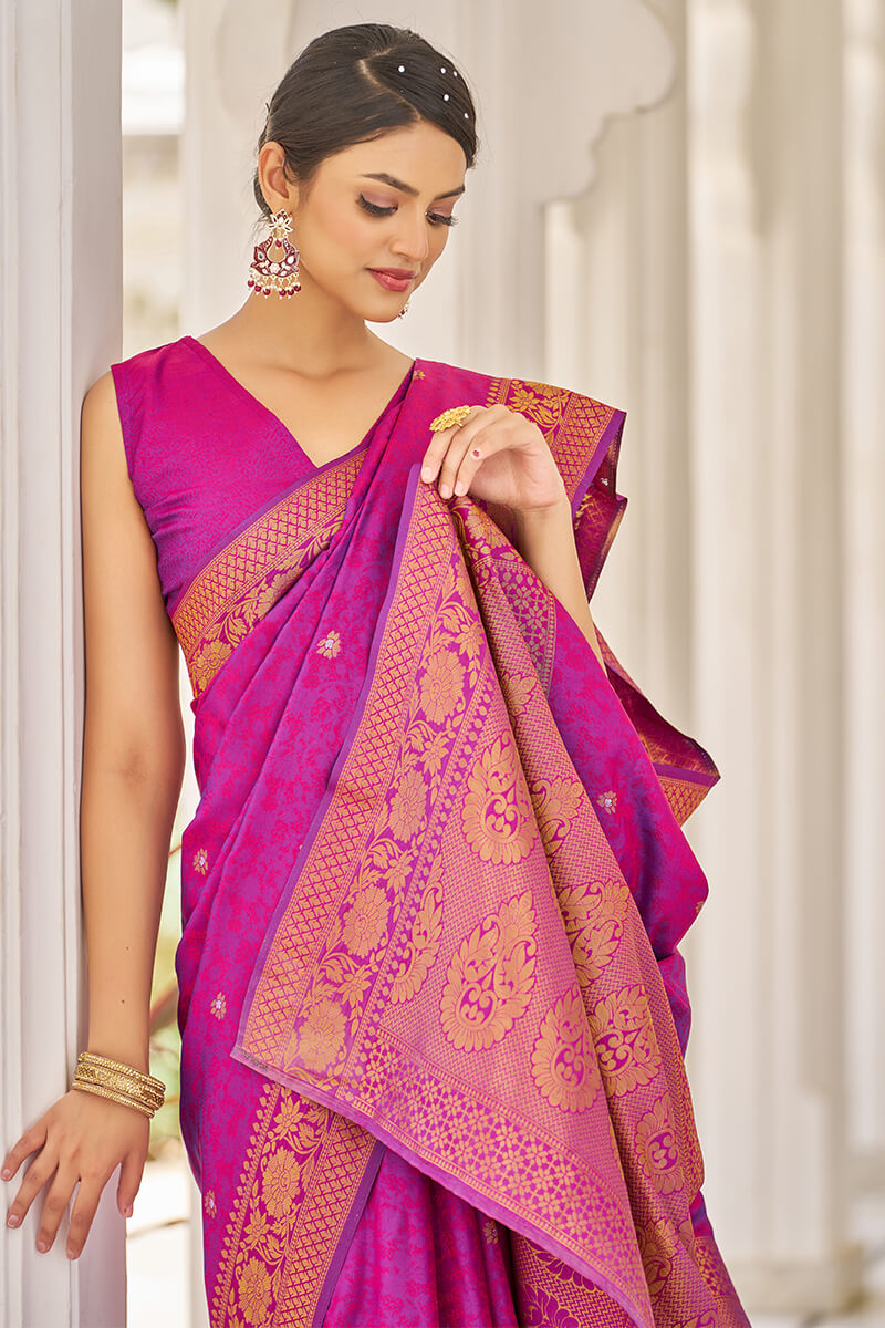 Efflorescence Purple Kanjivaram Silk Saree With Ailurophile Blouse Piece