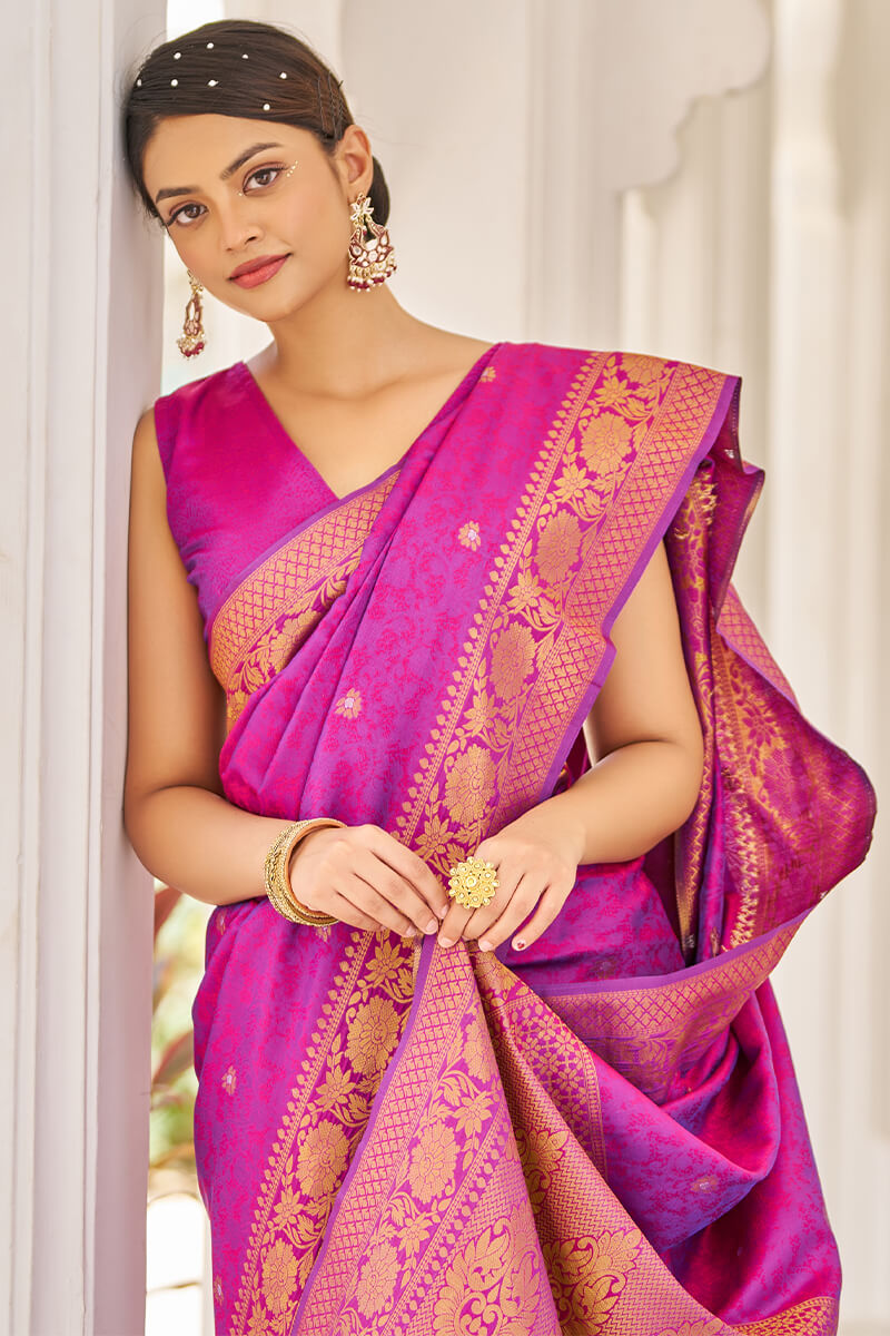 Efflorescence Purple Kanjivaram Silk Saree With Ailurophile Blouse Piece