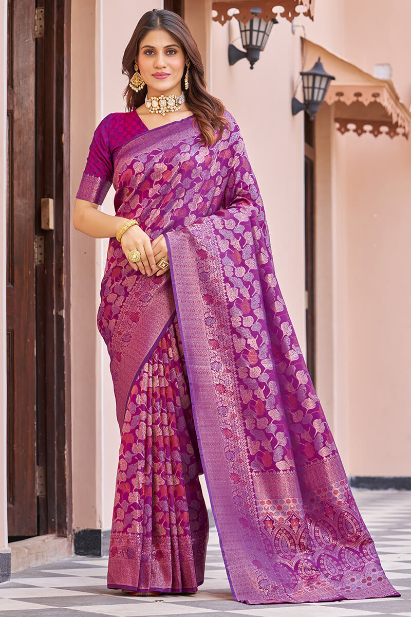 Diaphanous Purple Kanjivaram Silk Saree With Divine Blouse Piece