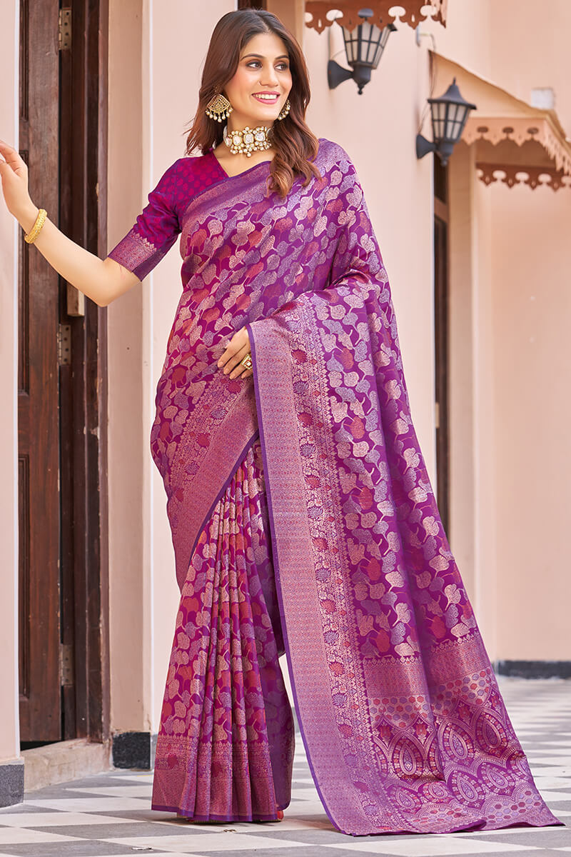 Diaphanous Purple Kanjivaram Silk Saree With Divine Blouse Piece