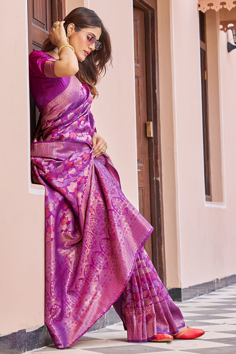 Diaphanous Purple Kanjivaram Silk Saree With Divine Blouse Piece