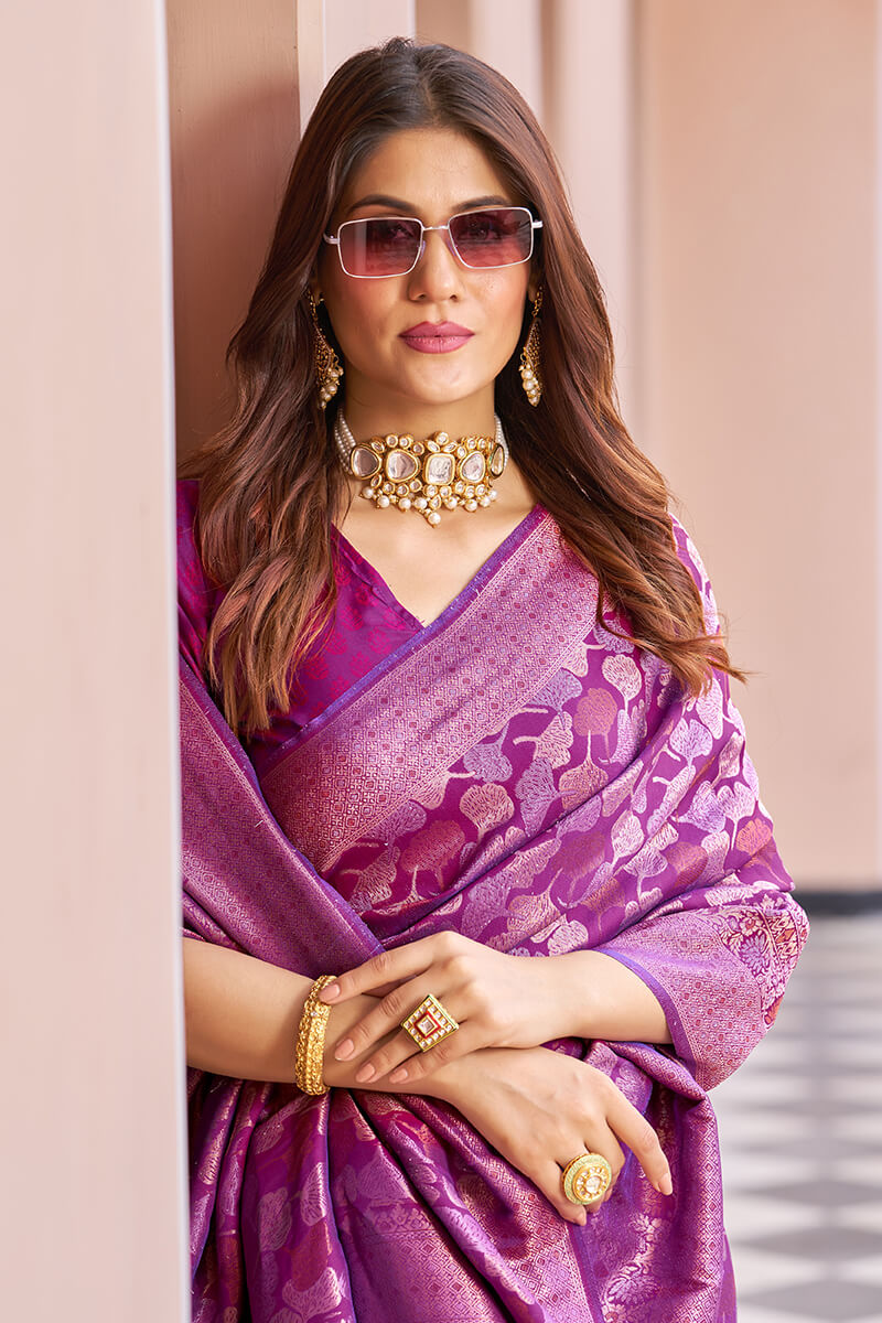 Diaphanous Purple Kanjivaram Silk Saree With Divine Blouse Piece