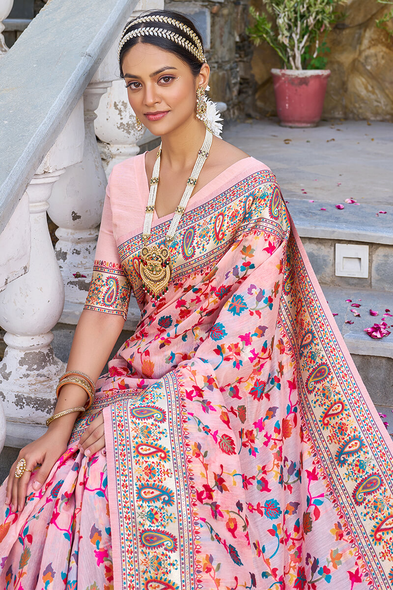 Desuetude Baby Pink Pashmina saree With Bewitching Blouse Piece