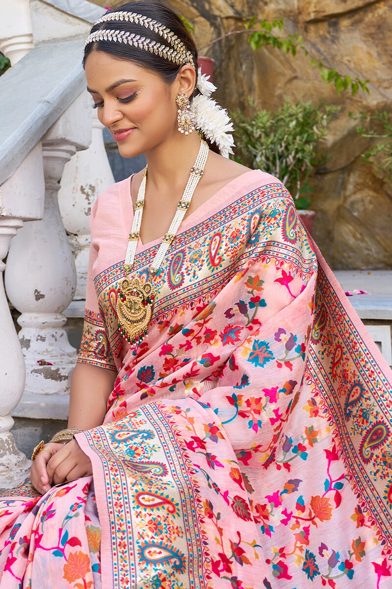 Desuetude Baby Pink Pashmina saree With Bewitching Blouse Piece