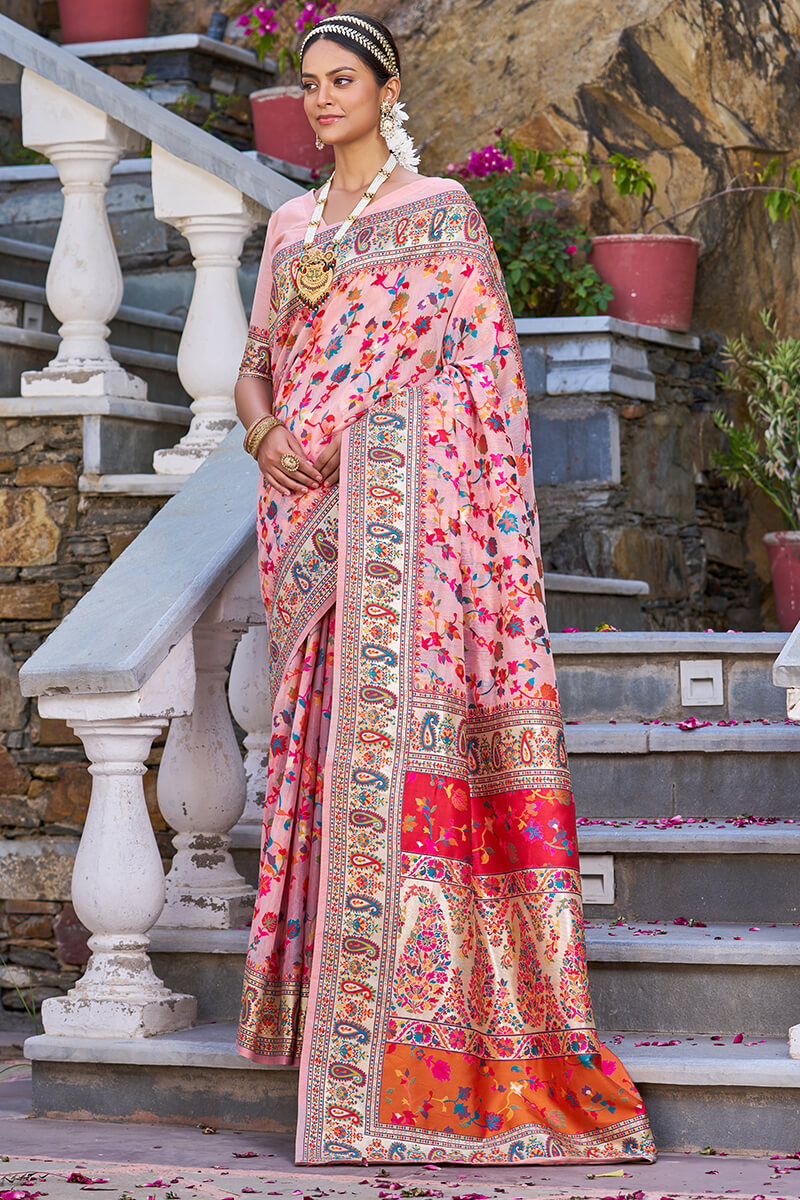 Desuetude Baby Pink Pashmina saree With Bewitching Blouse Piece