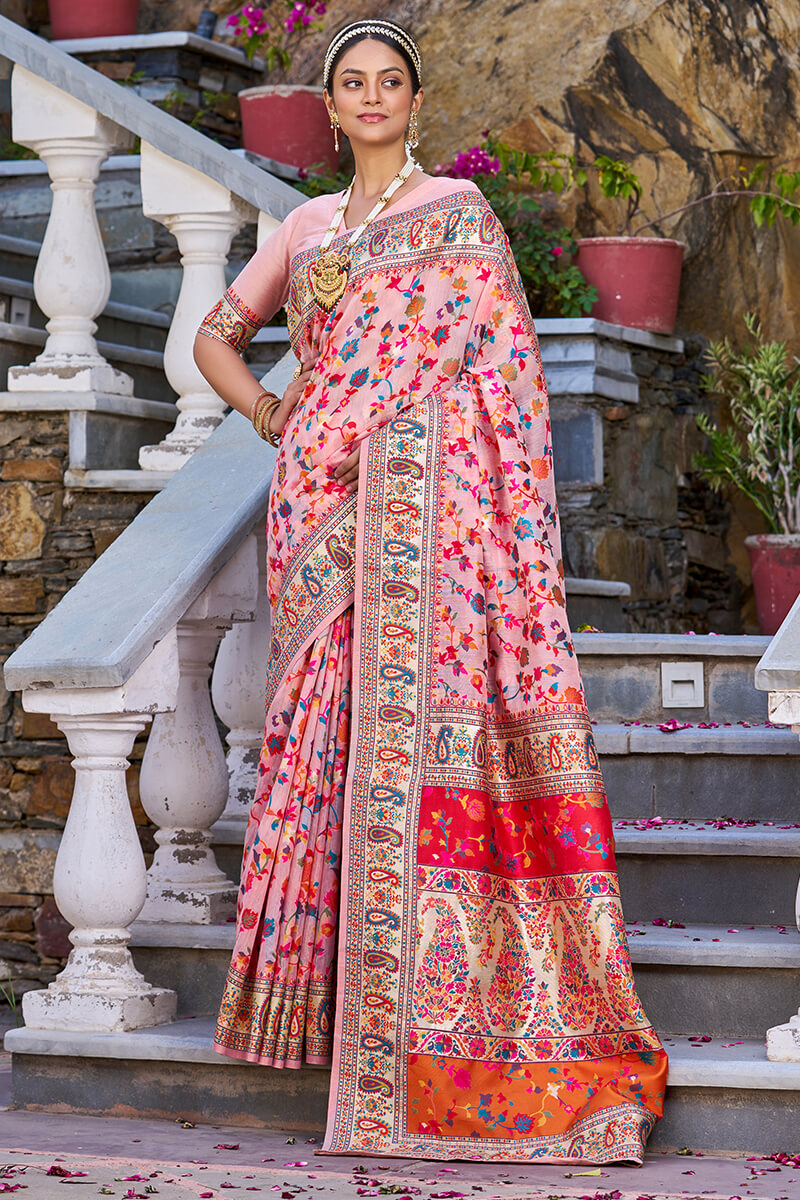 Desuetude Baby Pink Pashmina saree With Bewitching Blouse Piece