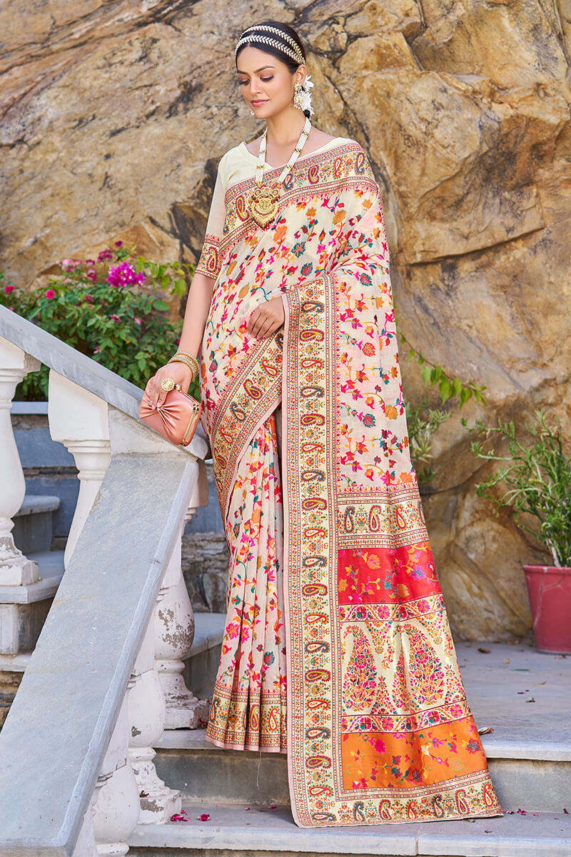 Pretty Beige Pashmina saree With Nebula Blouse Piece