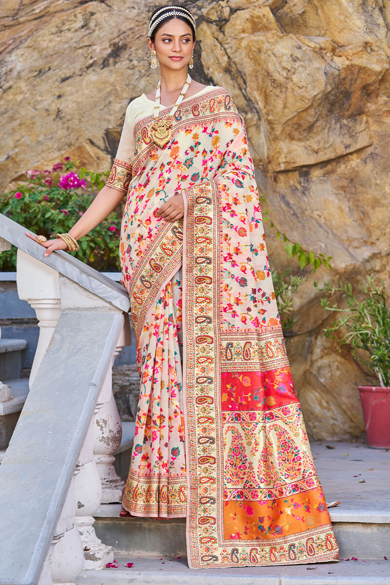 Pretty Beige Pashmina saree With Nebula Blouse Piece