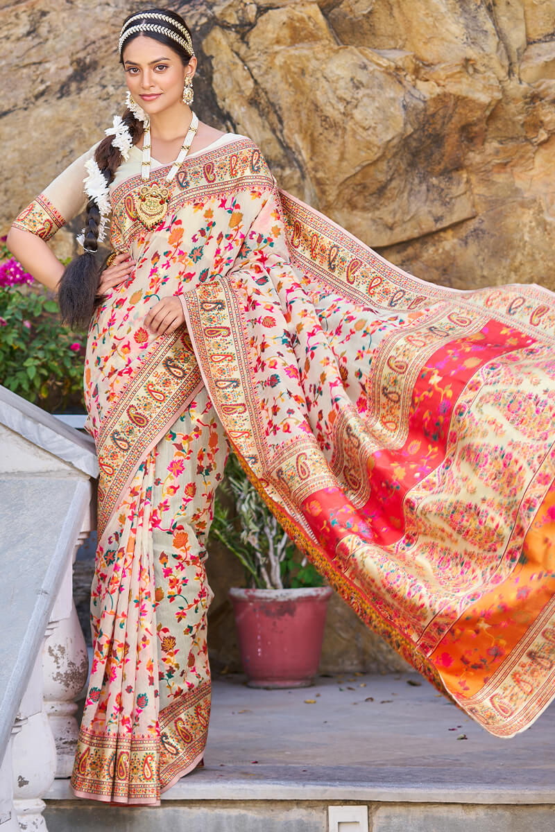 Pretty Beige Pashmina saree With Nebula Blouse Piece