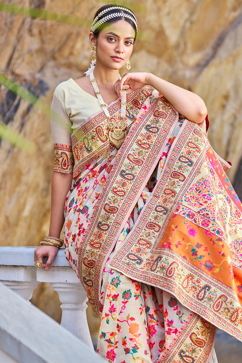 Pretty Beige Pashmina saree With Nebula Blouse Piece