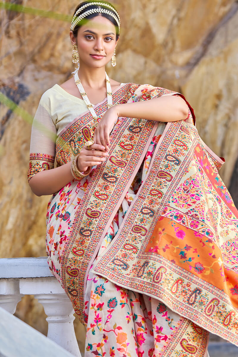 Pretty Beige Pashmina saree With Nebula Blouse Piece