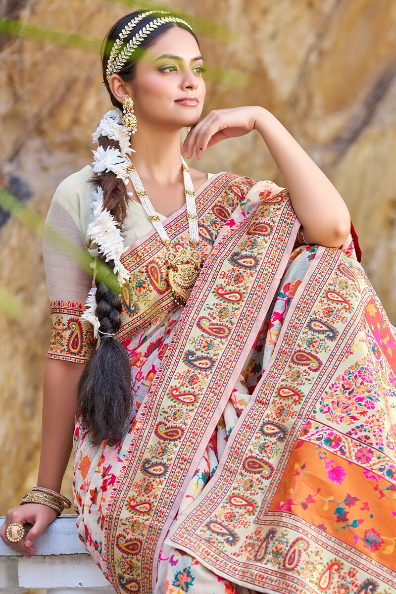 Pretty Beige Pashmina saree With Nebula Blouse Piece