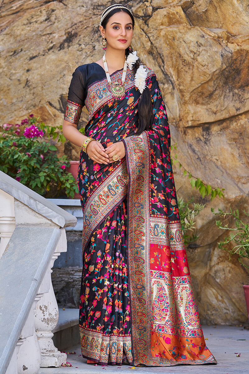 Amazing Black Pashmina saree With Mellifluous Blouse Piece