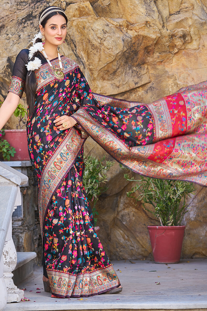 Amazing Black Pashmina saree With Mellifluous Blouse Piece