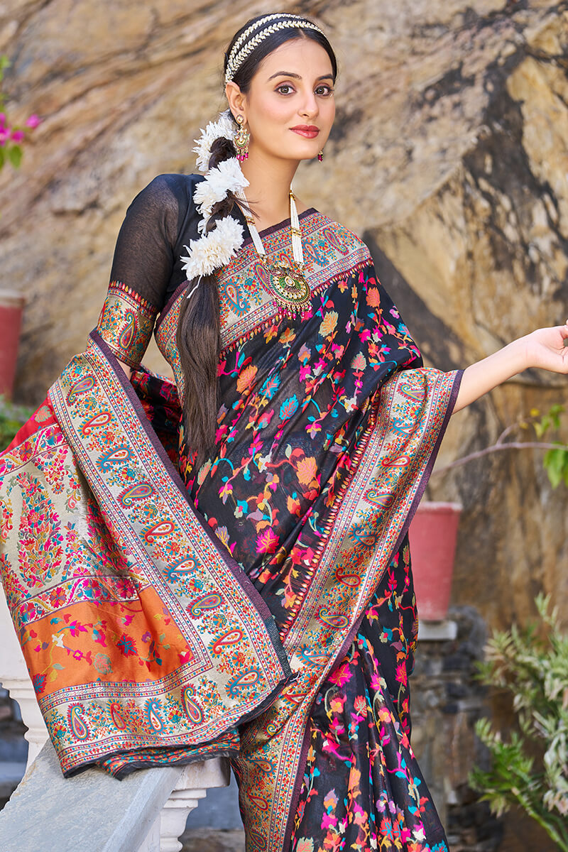 Amazing Black Pashmina saree With Mellifluous Blouse Piece