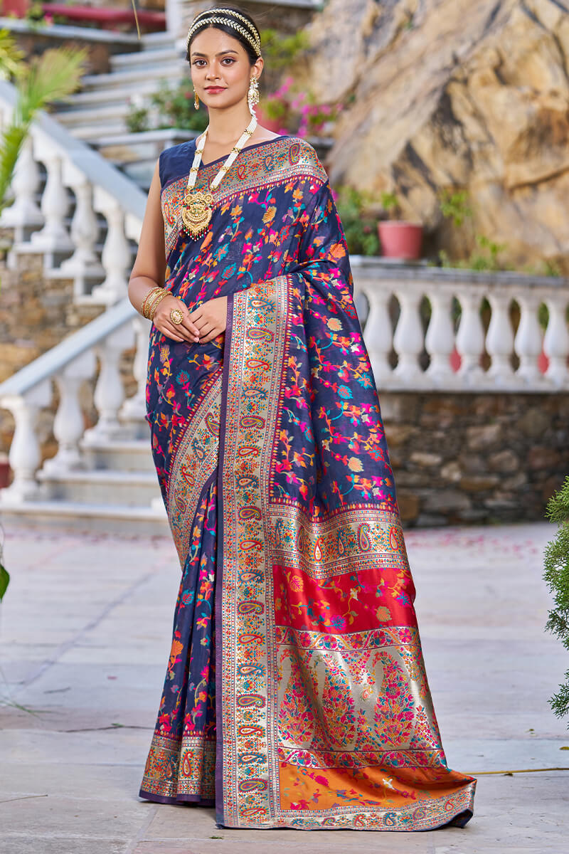 Demure Navy Blue Pashmina saree With Beauteous Blouse Piece