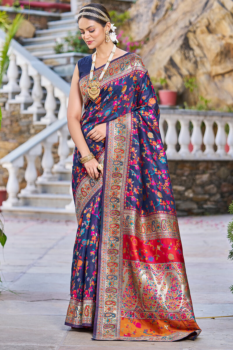 Demure Navy Blue Pashmina saree With Beauteous Blouse Piece