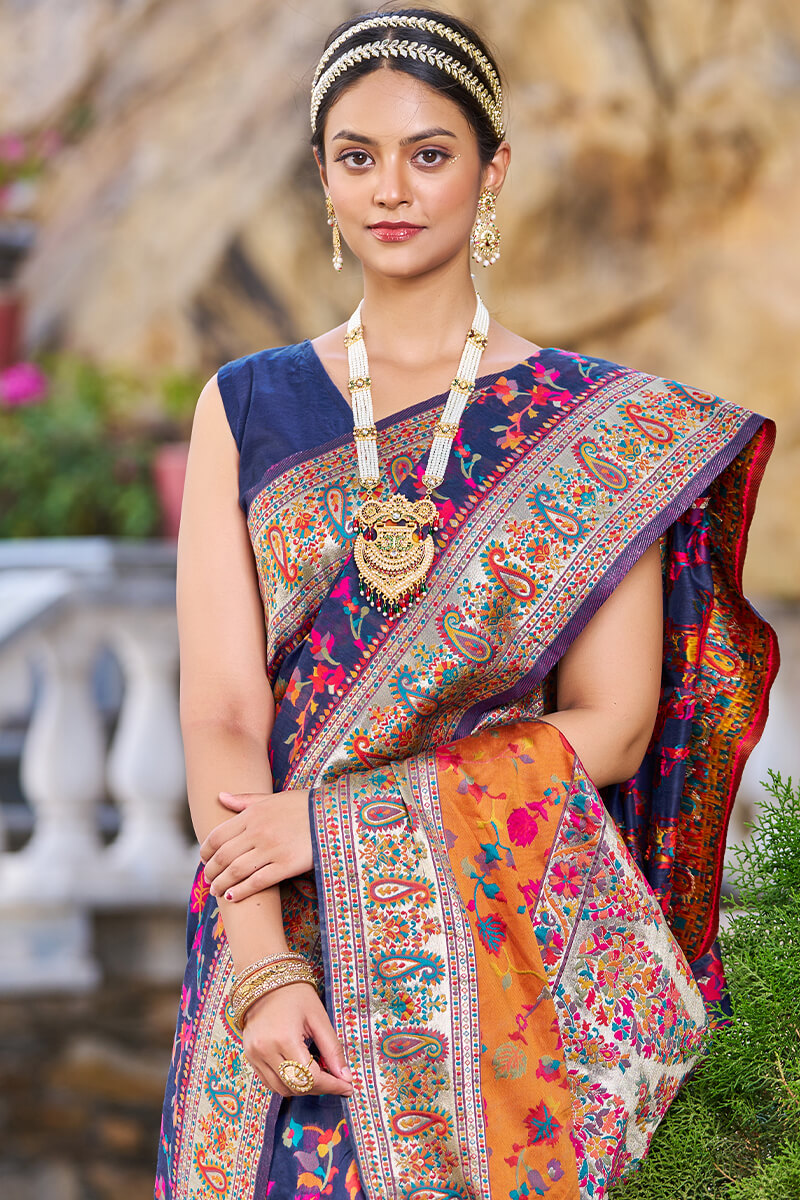 Demure Navy Blue Pashmina saree With Beauteous Blouse Piece