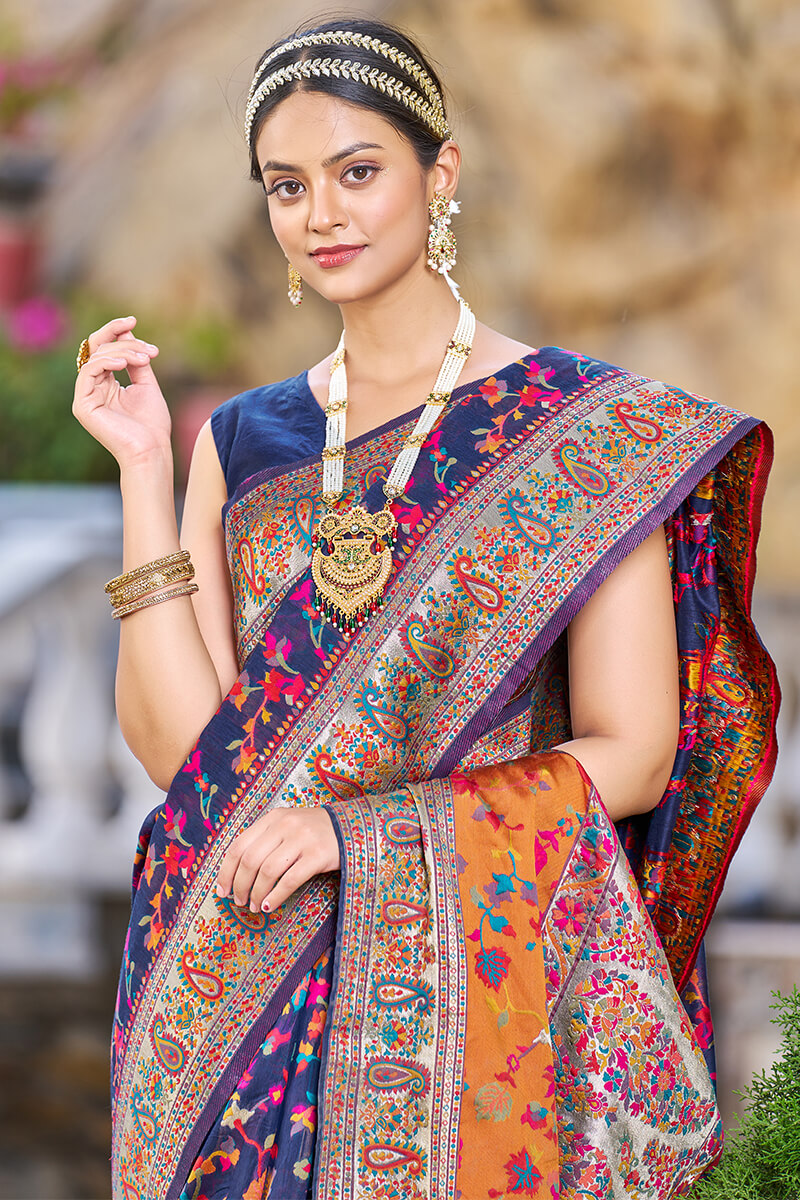 Demure Navy Blue Pashmina saree With Beauteous Blouse Piece