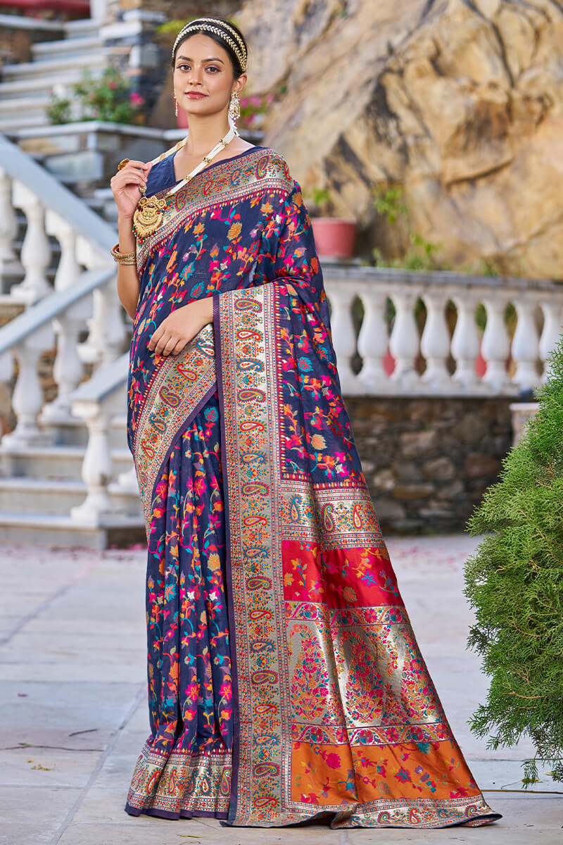 Demure Navy Blue Pashmina saree With Beauteous Blouse Piece