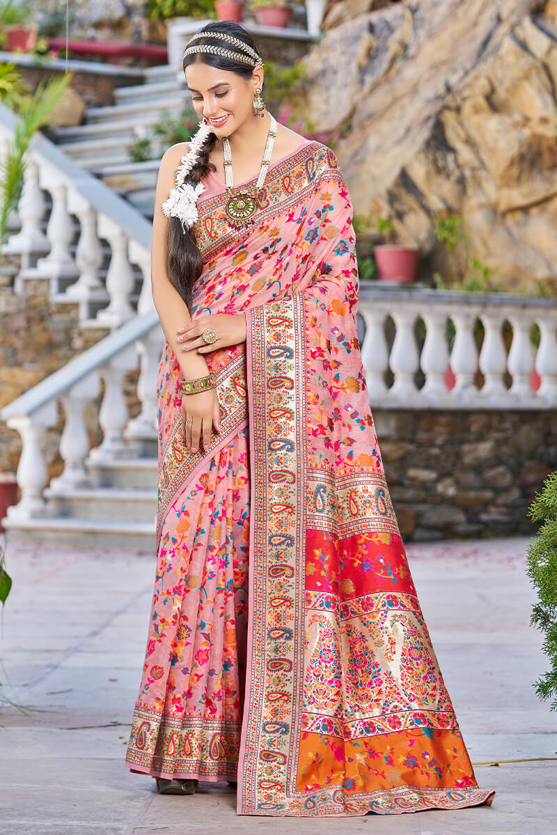 Elegant Pink Pashmina saree With Grandiose Blouse Piece