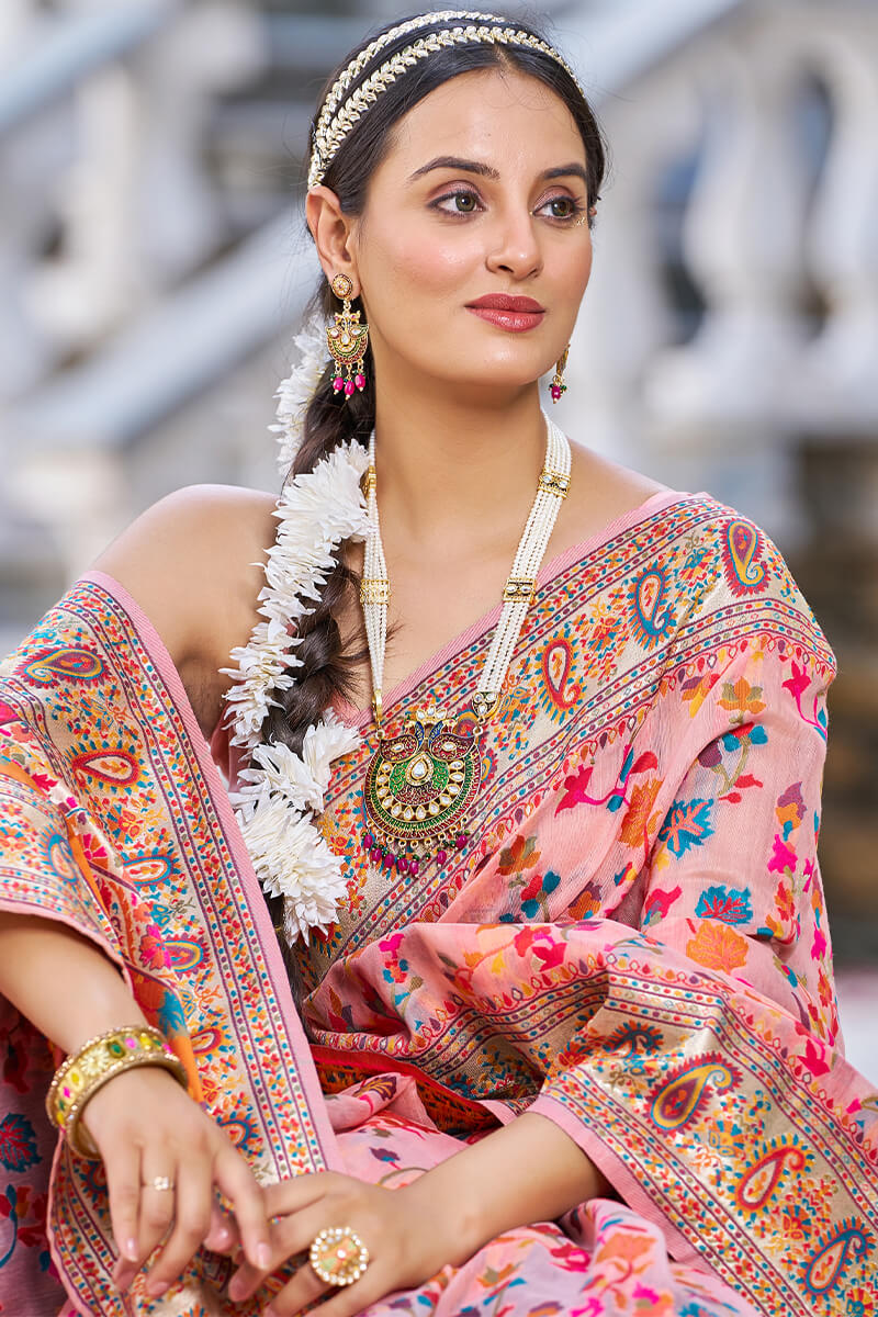 Elegant Pink Pashmina saree With Grandiose Blouse Piece