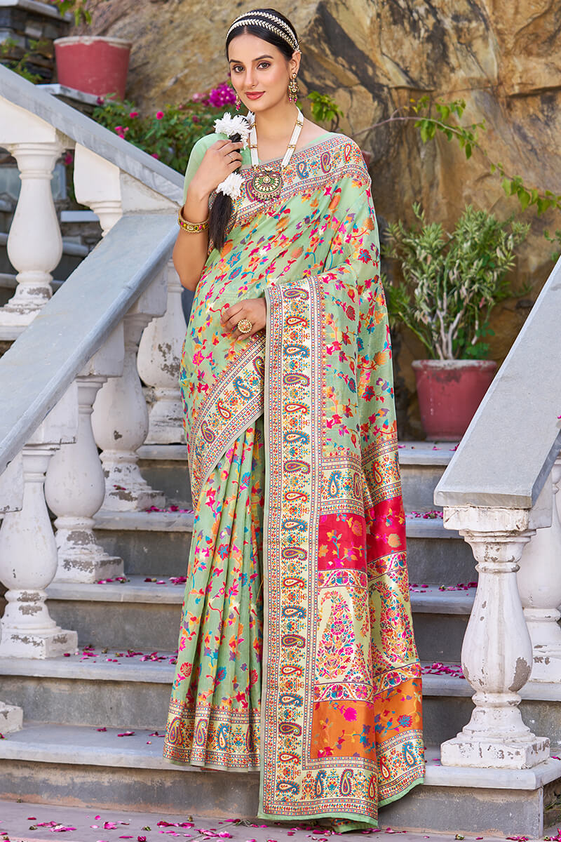 Innovative Pista Pashmina saree With Ephemeral Blouse Piece