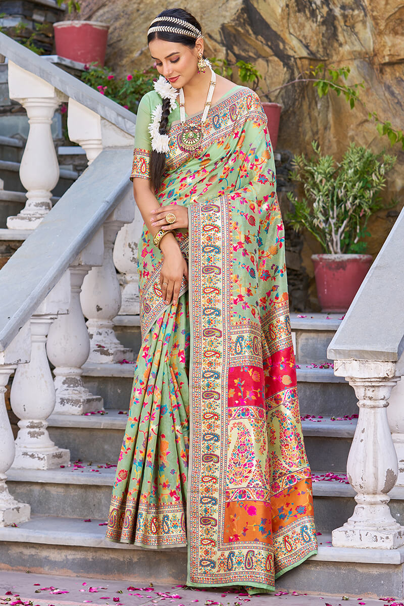 Innovative Pista Pashmina saree With Ephemeral Blouse Piece