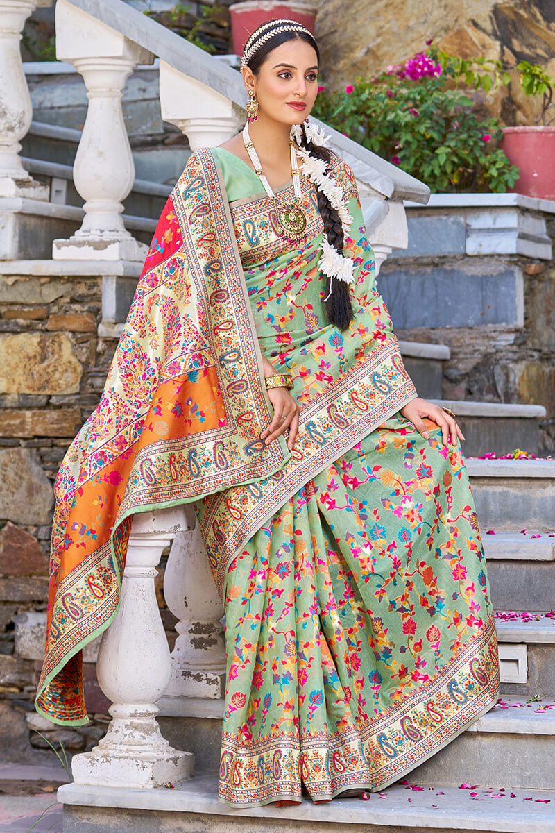 Innovative Pista Pashmina saree With Ephemeral Blouse Piece