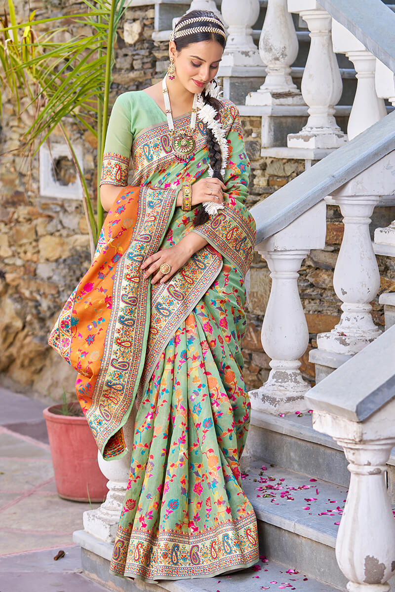 Innovative Pista Pashmina saree With Ephemeral Blouse Piece