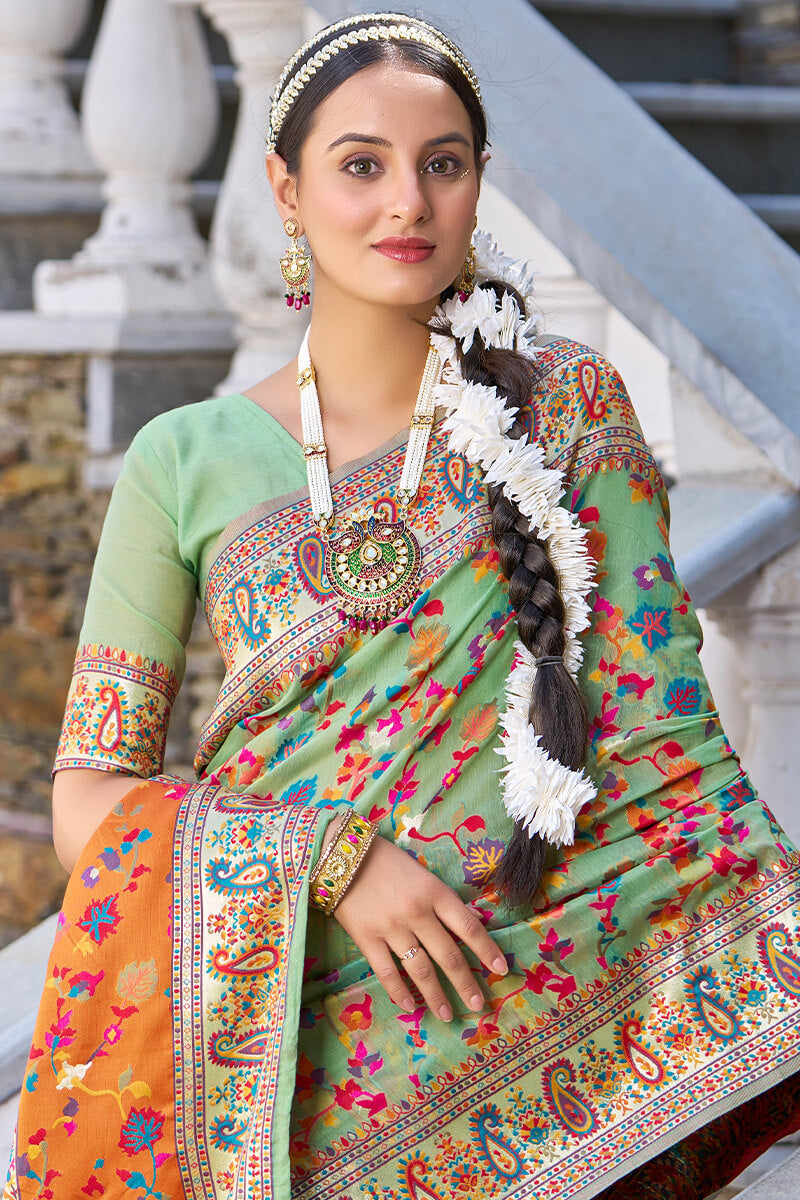 Innovative Pista Pashmina saree With Ephemeral Blouse Piece