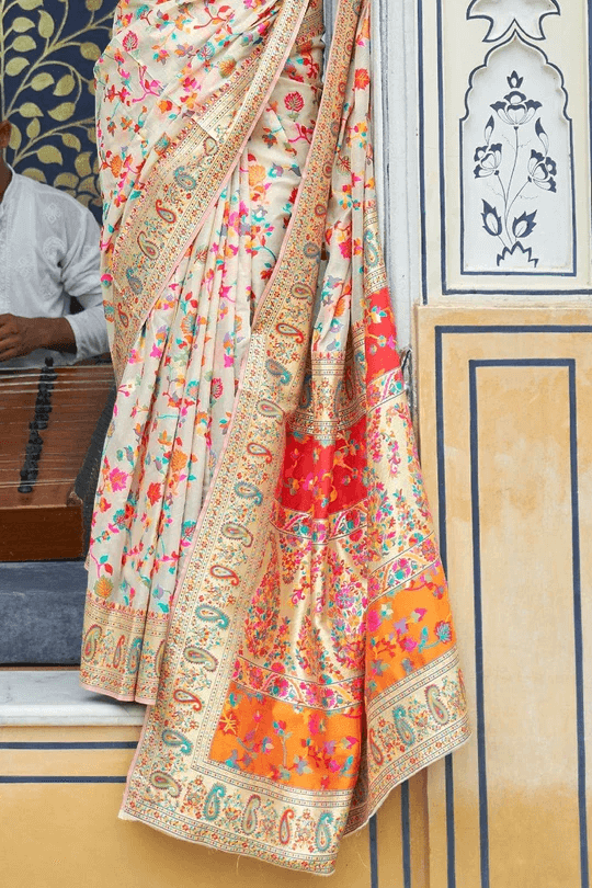 Attractive Beige Pashmina saree With Nectarous Blouse Piece