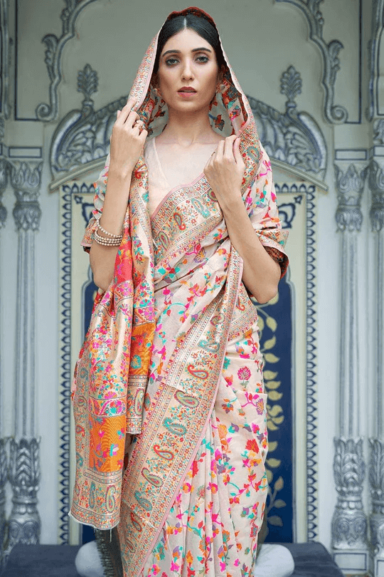 Attractive Beige Pashmina saree With Nectarous Blouse Piece