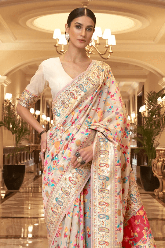 Attractive Beige Pashmina saree With Nectarous Blouse Piece