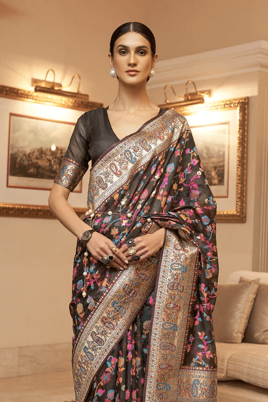 Classy Black Pashmina saree With Eclat Blouse Piece