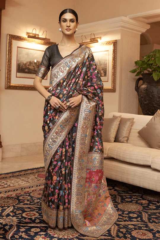 Classy Black Pashmina saree With Eclat Blouse Piece