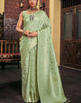 Elaborate Sea Green Soft Banarasi Silk Saree With Preferable Blouse Piece