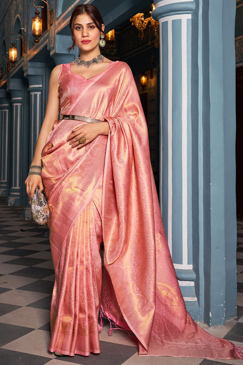 Mellifluous Baby Pink Kanjivaram Silk Saree With Staggering Blouse Piece