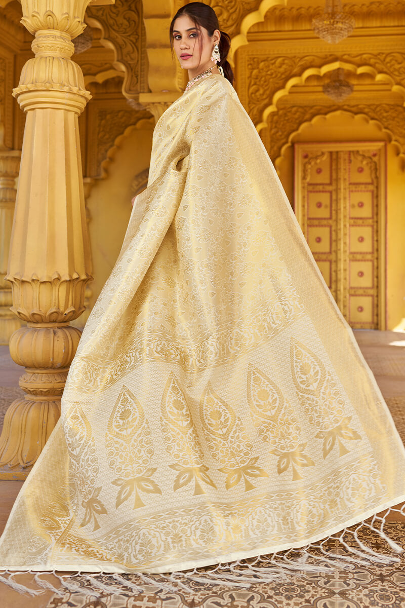 Luxuriant Beige Kanjivaram Silk Saree With Staggering Blouse Piece