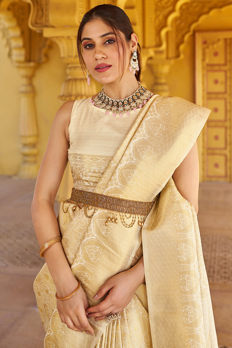 Luxuriant Beige Kanjivaram Silk Saree With Staggering Blouse Piece