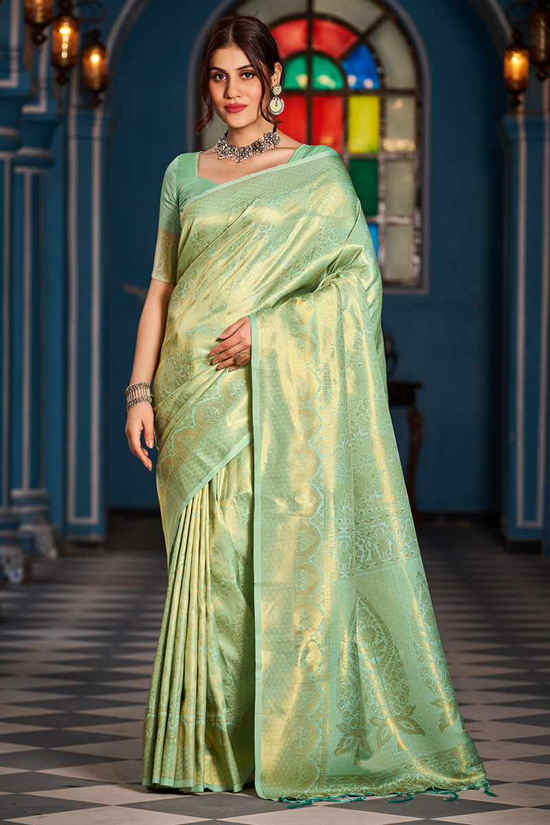 Artistic Pista Kanjivaram Silk Saree With Magnetic Blouse Piece