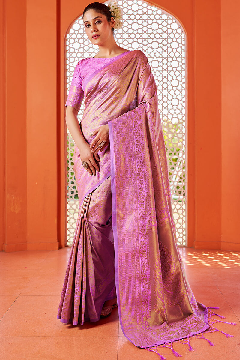 Amiable Pink Kanjivaram Silk Saree With Surreptitious Blouse Piece