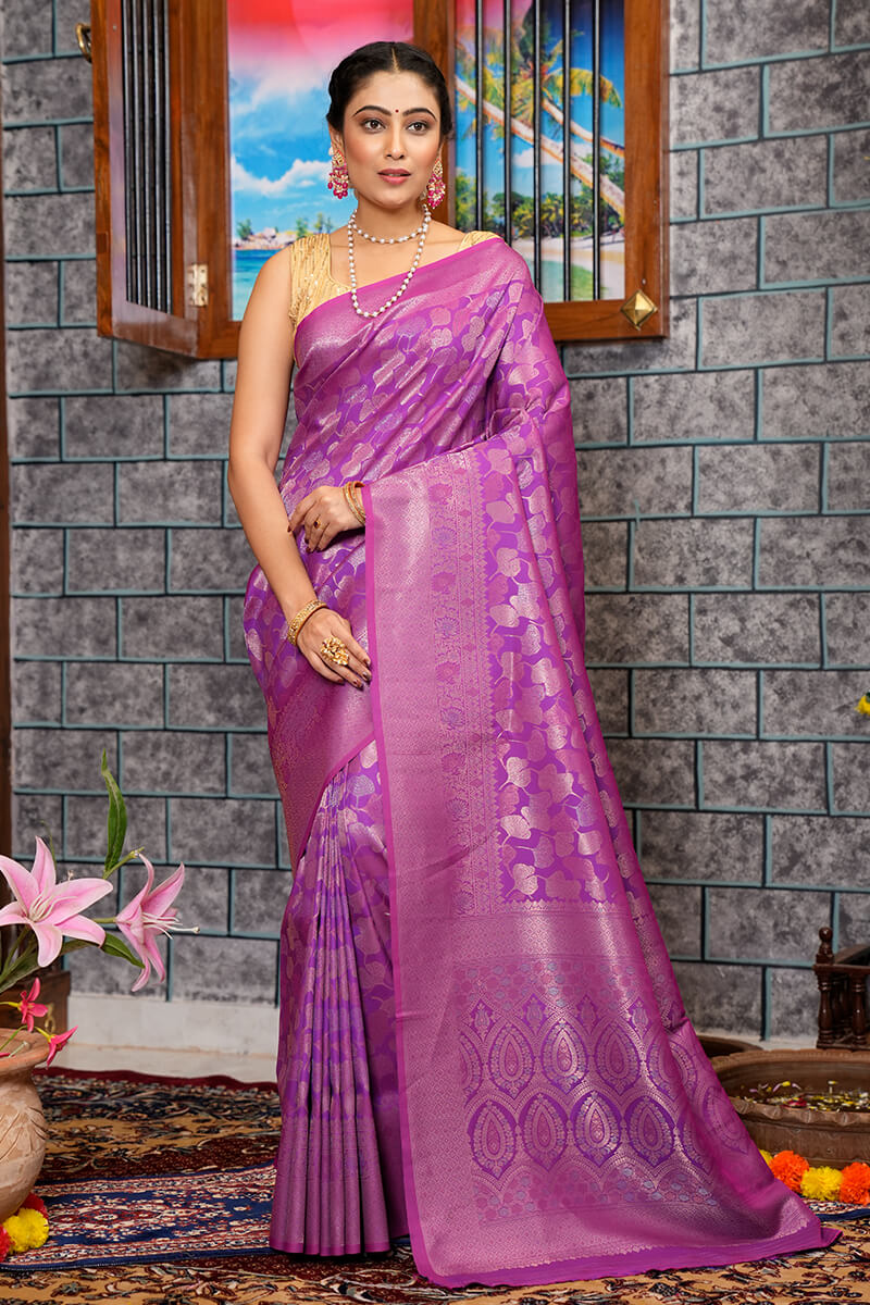 Engaging Purple Kanjivaram Silk Saree With Scintilla Blouse Piece