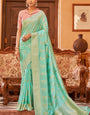 Luminous Turquoise Banarasi Satin Silk Saree With Seraphic Blouse