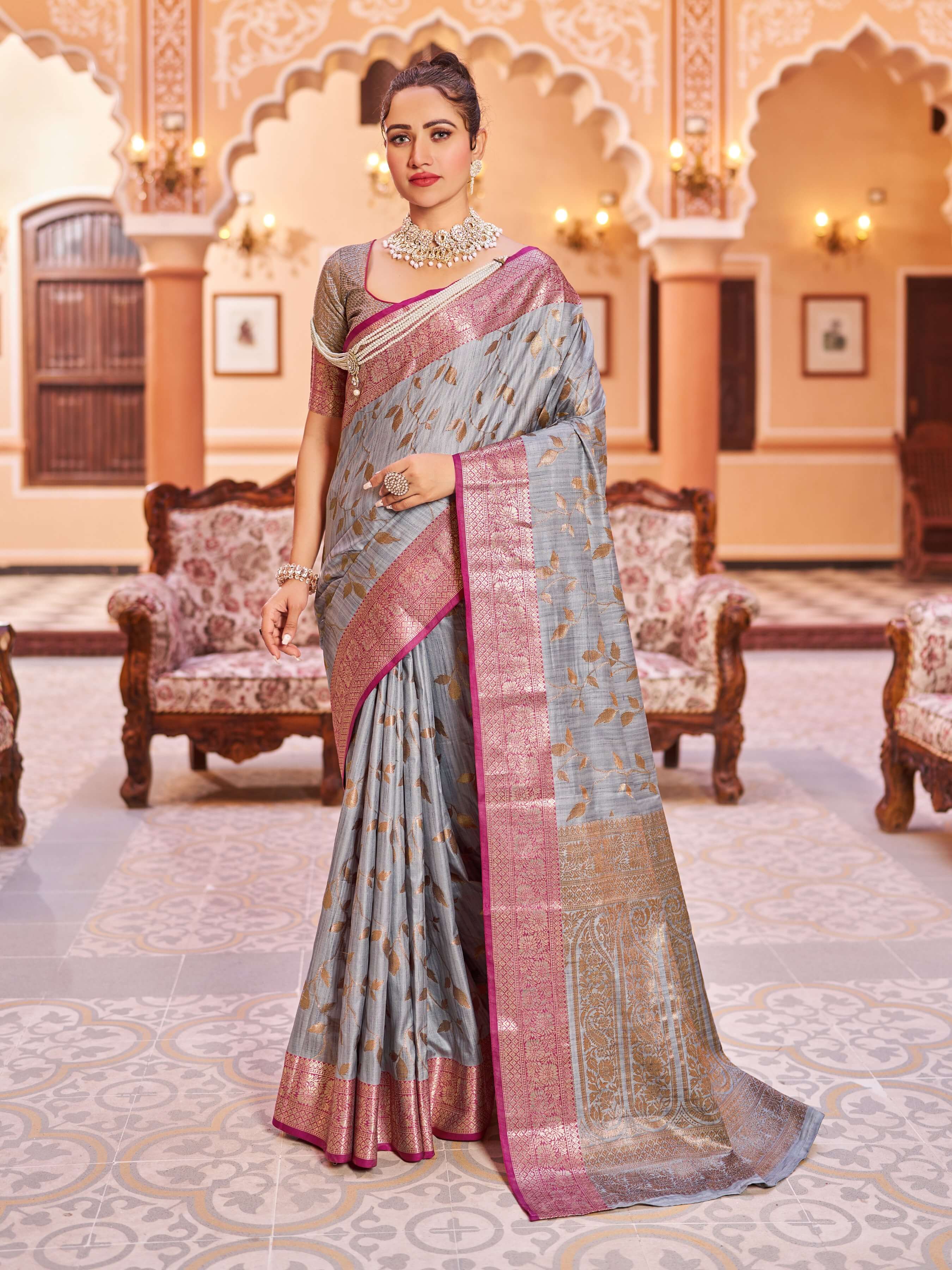 Pretty Grey Soft Banarasi Silk Saree With Phenomenal Blouse Piece