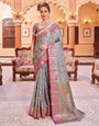 Pretty Grey Soft Banarasi Silk Saree With Phenomenal Blouse Piece