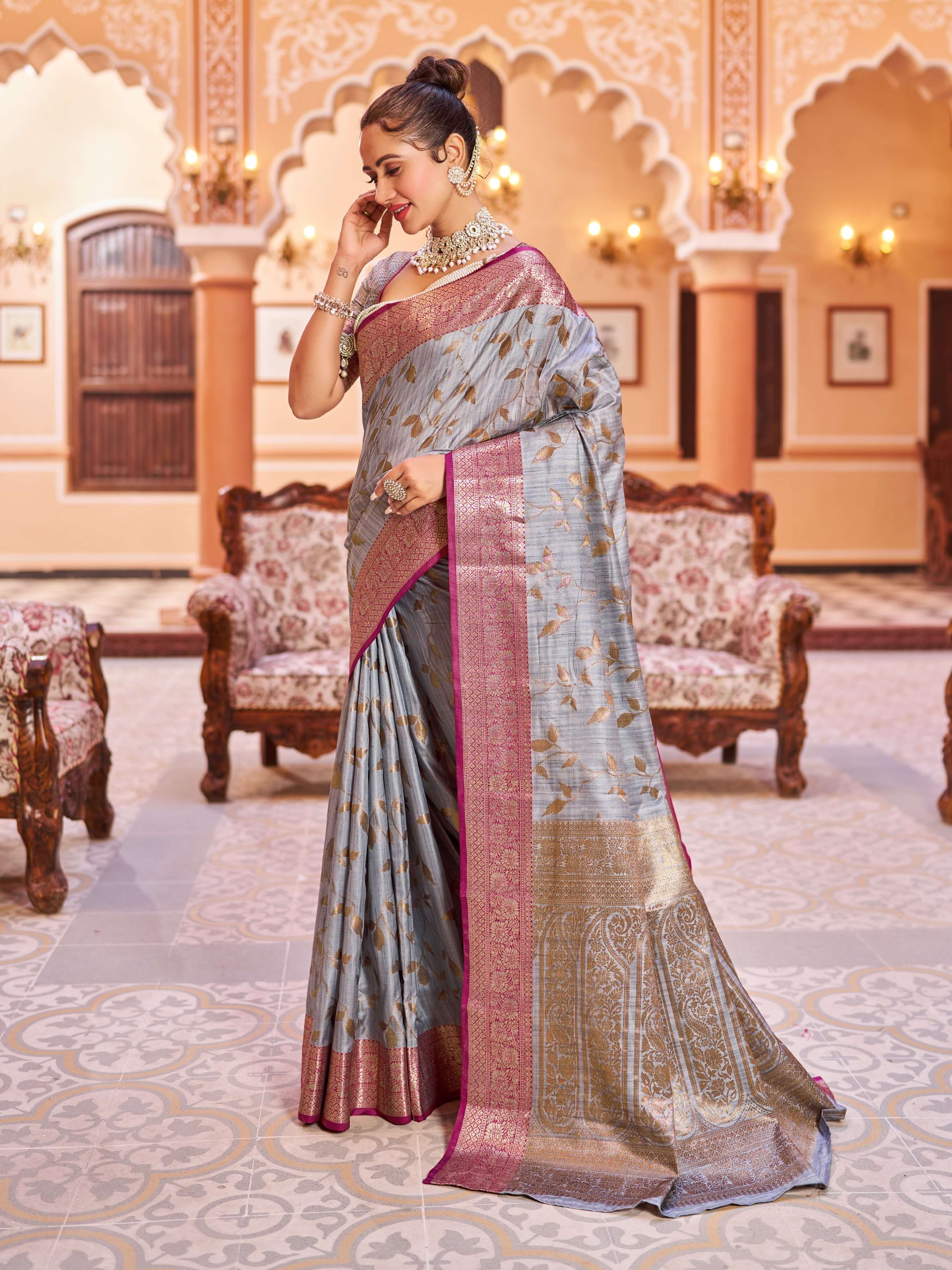 Pretty Grey Soft Banarasi Silk Saree With Phenomenal Blouse Piece